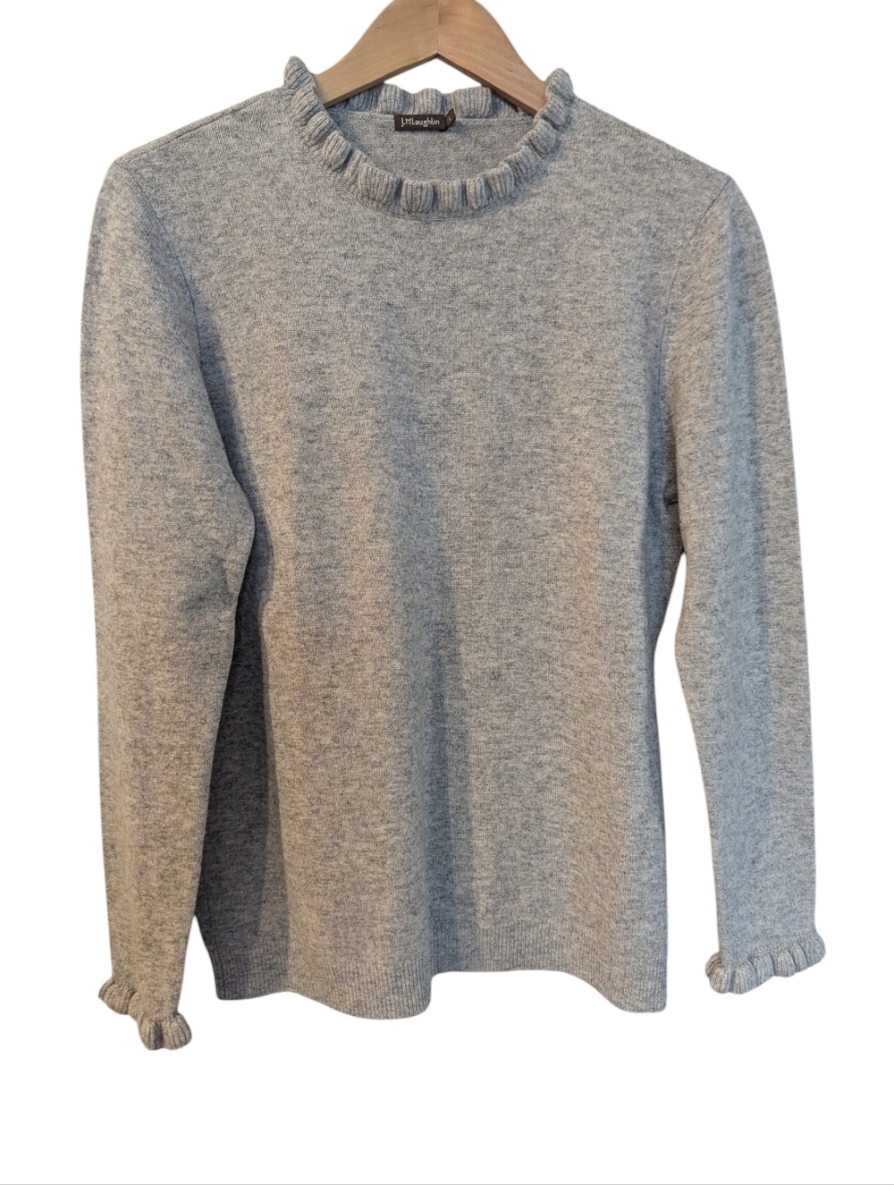 J. McLaughlin Light Gray Ruffle Trim Cashmere Crewneck Sweater